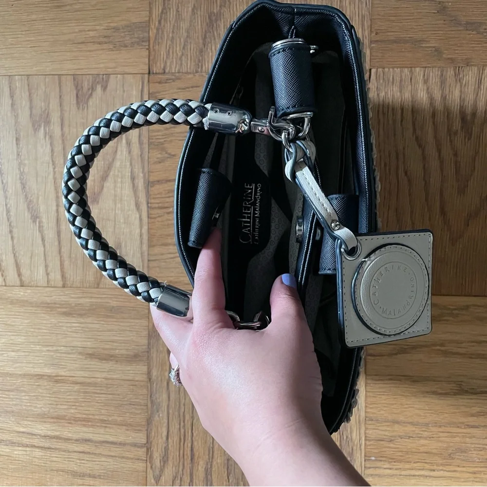 CATHERINE MALANDRINO BLACK & PINK FLORAL HANDBAG W CROSSBODY STRAP VEGAN LEATHER - Picture 6 of 7